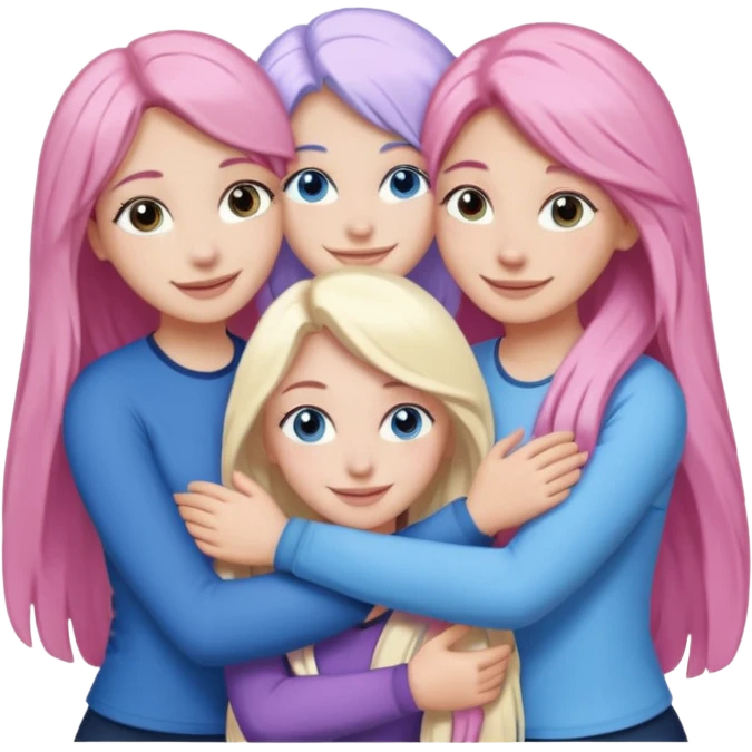 four white grips hugging and smiling    2 girls with brown eyes and long dark brown hair. One girl with long light pink hair and blue eyes, one girl with blue eyes and light blonde hair emoji