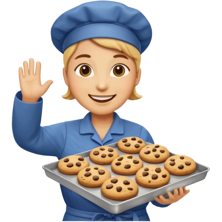 cookie factory worker emoji, waving, with cookies in the background emoji