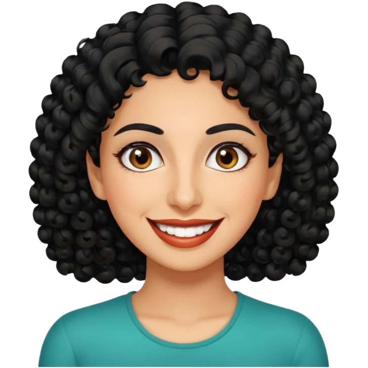 30 year old iranian woman very short curly black hair, big brown eyes, tanned skin, big smile, white teeth, pretty, stylish emoji
