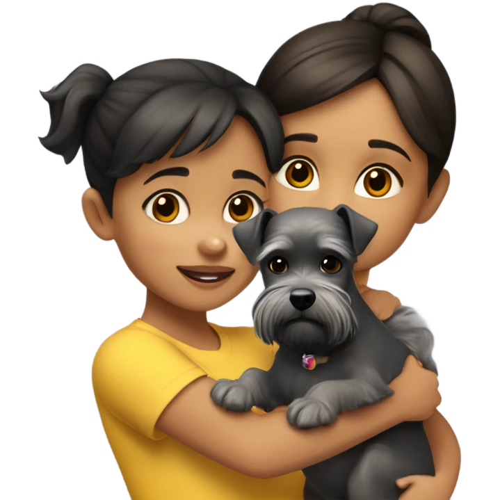 A tweety four-year-old girl with dark hair and brown eyes in a light brown T-shirt and black leggings hugs a gray miniature Schnauzer dog emoji