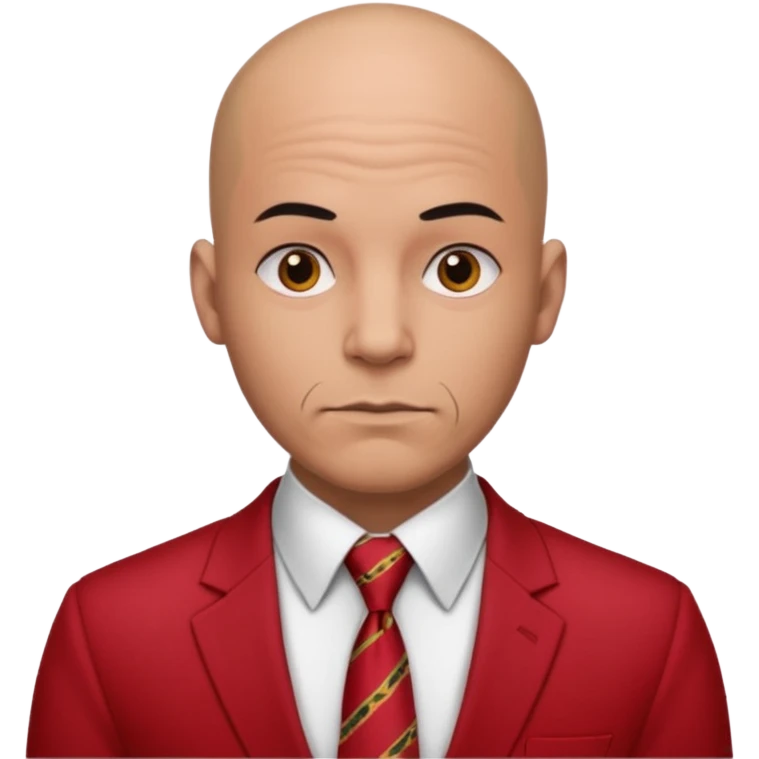 man Bald with red necktie, red dress, heavy tattoos. emoji