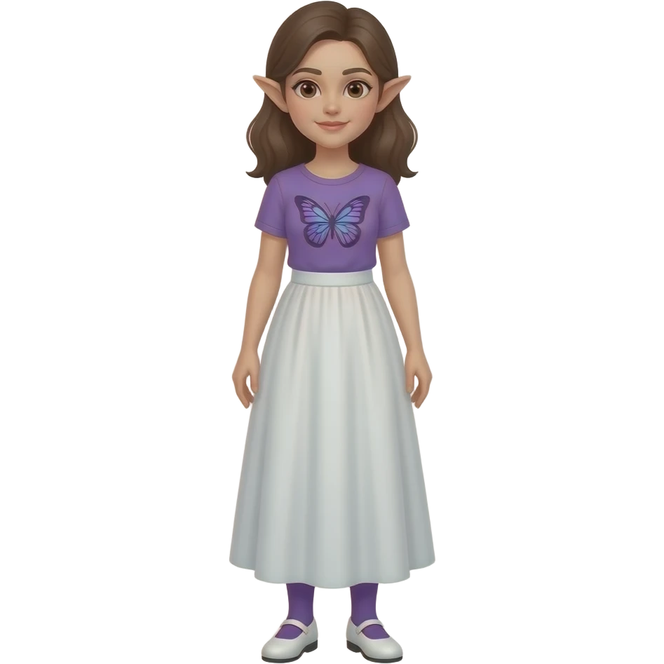 An adult woman with white/fair skin, brown hair, brown eyes and pointy ears and wearing a long white skirt, a purple butterfly shirt purple socks and white shoes. emoji