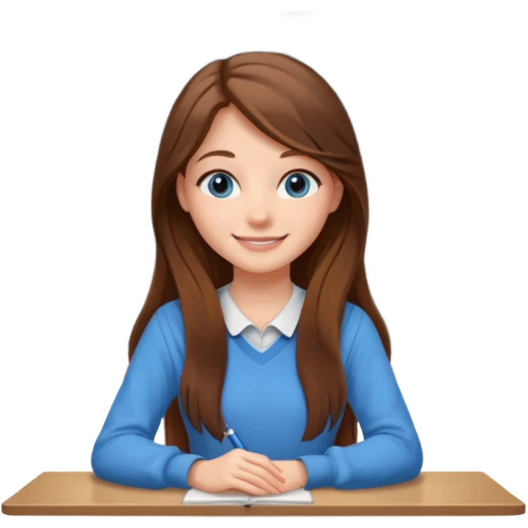 high school class room with a pretty female high school student with long brown hair, blue eyes sitting in front of the blackboard emoji