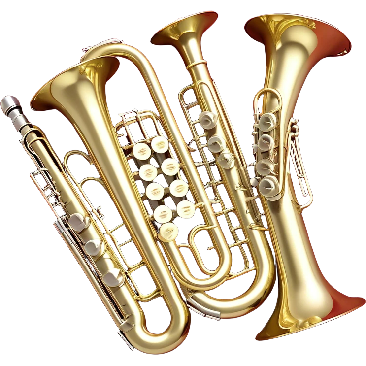 Create a festive and elegant emoji collage featuring a bouquet or fan of bells of wind instrument  (trumpets, saxophones, trombones, tubes, etc.) arranged in a radiant, symmetrical pattern. The instruments should have polished, golden and silver finishes, with their large, shiny bells forming a beautiful, fan-like display. Include a flowing ribbon of musical notes swirling through the center, conveying movement and melody. The background should feature a deep red velvet texture, adding a touch of luxury and sophistication. The overall composition should be balanced, with an elegant and regal feel, with a transparent background to keep focus on the instruments and musical elements. emoji