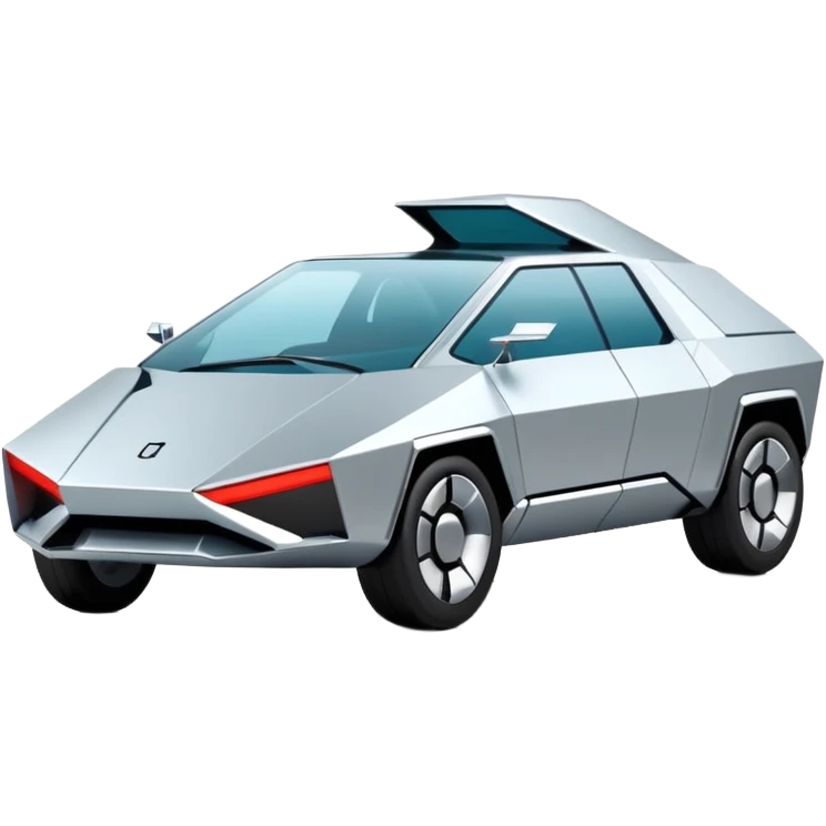 A futuristic chrome car emoji, sharp geometric body design inspired by cybertruck aesthetics, smooth silver metallic surface, matte and glossy chrome mix, minimal details, soft reflections, clean edges, iOS emoji style, centered, clean white background, soft studio lighting, no text emoji