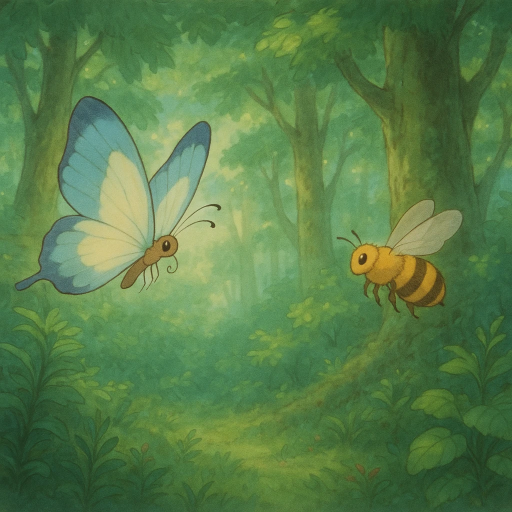 ghibli style butterfly and bee in a lush forest, soft colors, magical atmosphere emoji