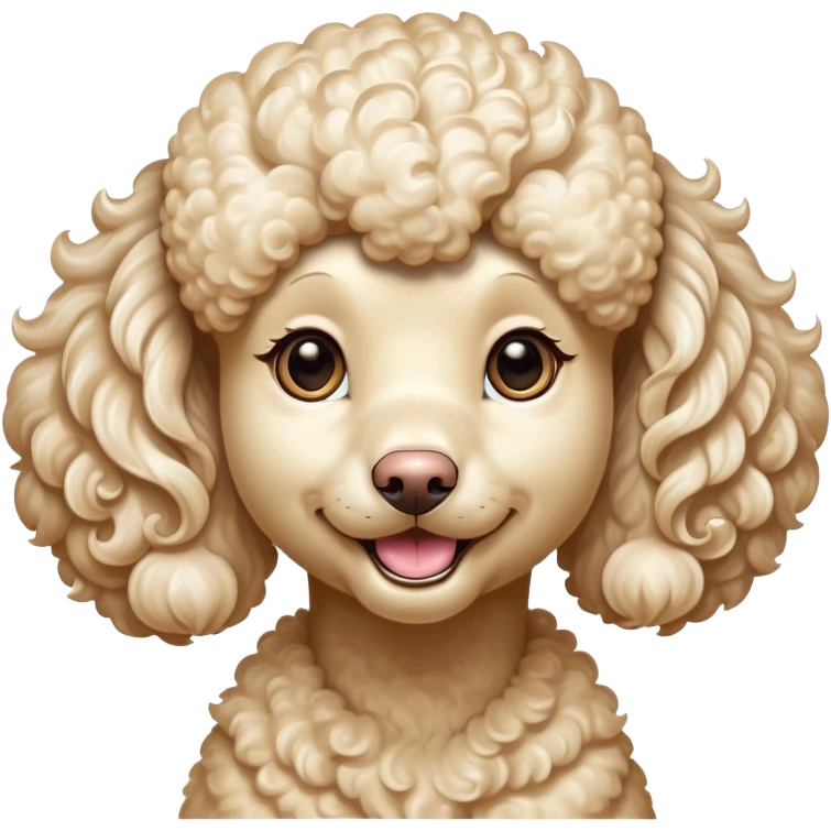 Cinematic Comical Cream Poodle Portrait Emoji, Head tilted dramatically with an exaggeratedly amused expression, featuring a glossy, curly cream Fur with a radiant sheen, wide, expressive warm eyes filled with playful disbelief, Simplified yet hilariously expressive features, highly detailed, glowing with a slightly sassy glow, high shine, dramatic yet playful, stylized with an air of cheeky mischief, bright and endearing, soft glowing outline, capturing the essence of a spirited and over-the-top companion, so meme-worthy it feels like it could side-eye its way into internet fame instantly! emoji