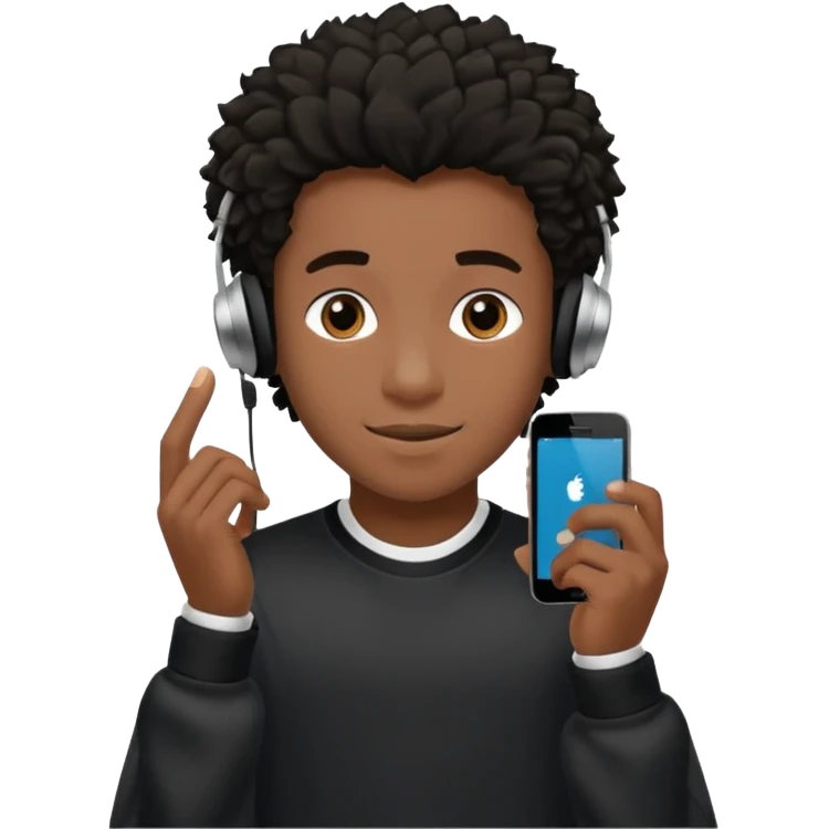 Faça um garoto adolescente de cabelo cacheado preto médio sorrindo, com fones de ouvido Bluetooth e um moletom branco emoji