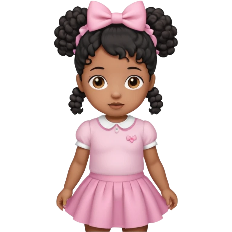 a brown skin baby with curly hair and a baby pink skirt and baby pink bows with her hair in pigtails and black hair emoji