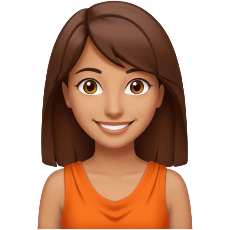 30 yr old middle eastern woman straight brown hair side bangs big smile tanned skin brown eyes orange dress emoji