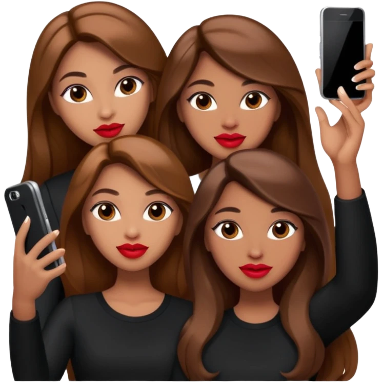 Glam girls in a group of 3 friends , taking a selfie with long brown hair, light brown  emoji