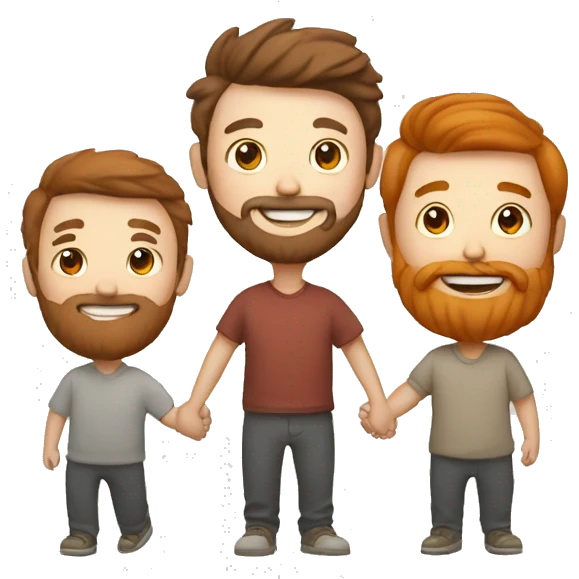 three happy men holding hands, the one in the middle has a red beard and brown hair, one is asian, two are white emoji