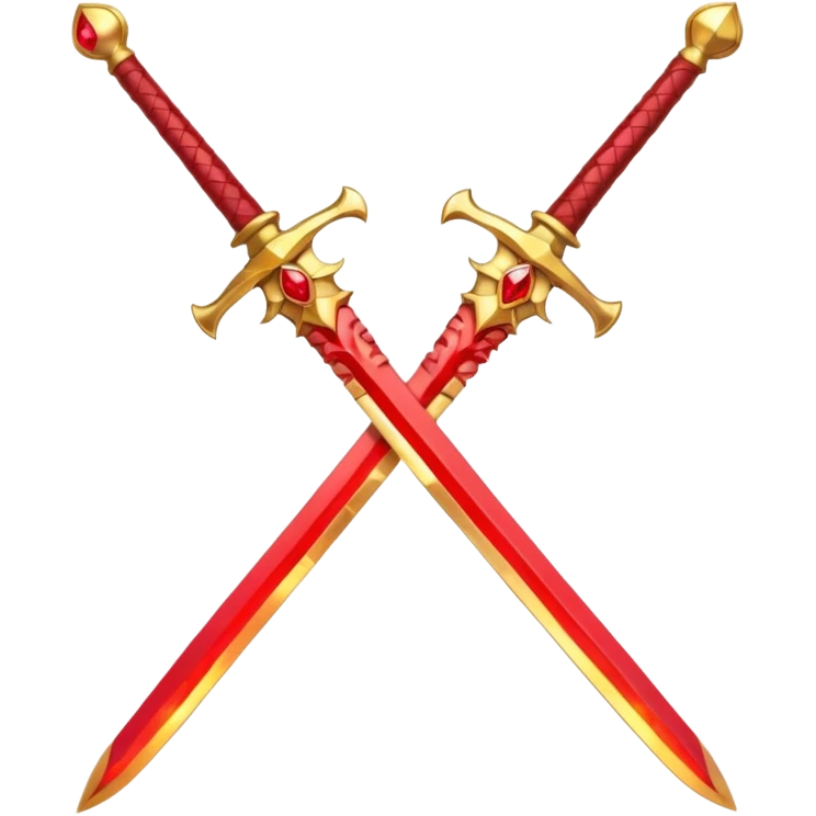 Two crossed swords that are golden in blade and handle and have fiery and royal appearence to them as well as red gem stones emoji