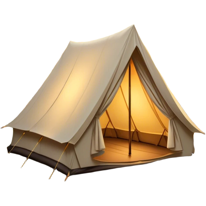 Cinematic Realistic Tent, a sturdy canvas tent nestled among tall trees, warm golden light spilling from inside, gentle folds in the fabric visible, glowing against the cool, dark forest backdrop, evoking a sense of adventure and comfort. emoji