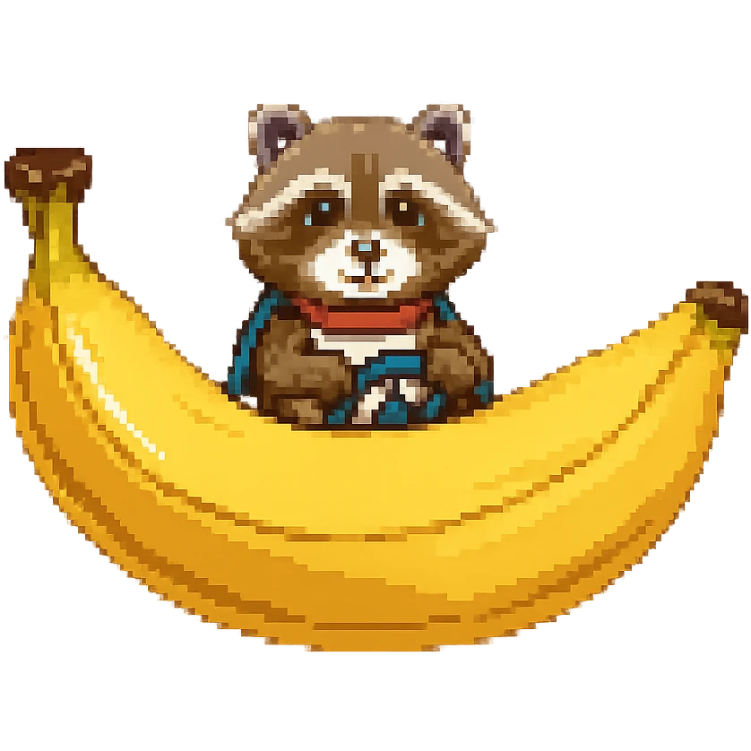 Change the car to a banana, keep the raccoon driving, in pixel art style. emoji