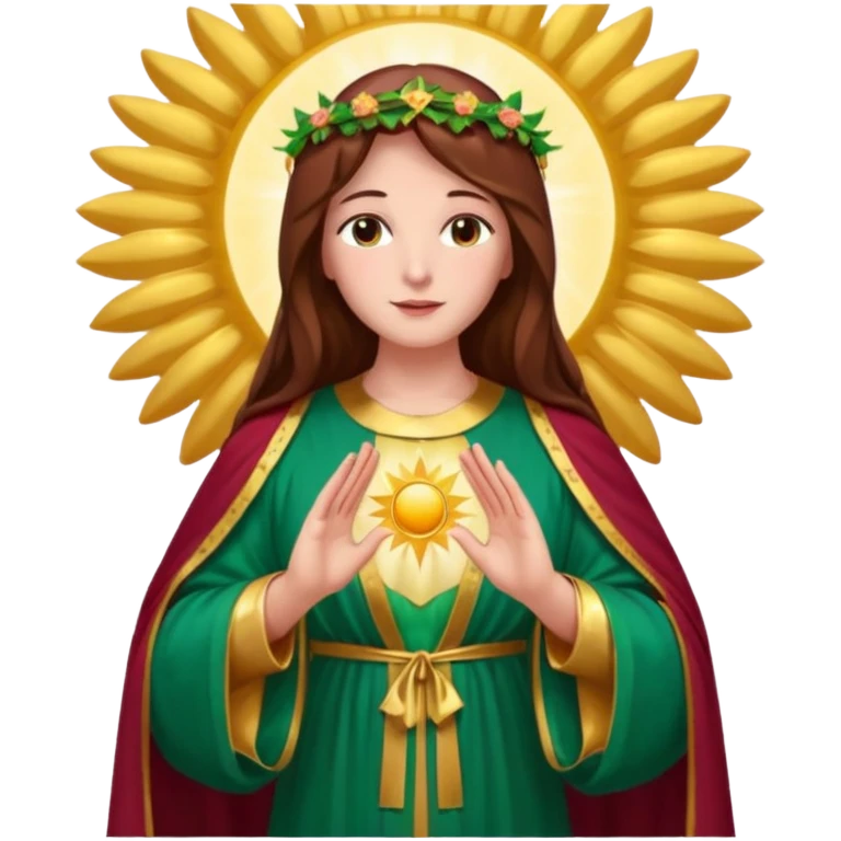 fullbody Virgin Mary front view gentle face long brown hair emerald green robe with gold stars burgundy dress hands in blessing halo big sun behind colorful roses on the sides emoji