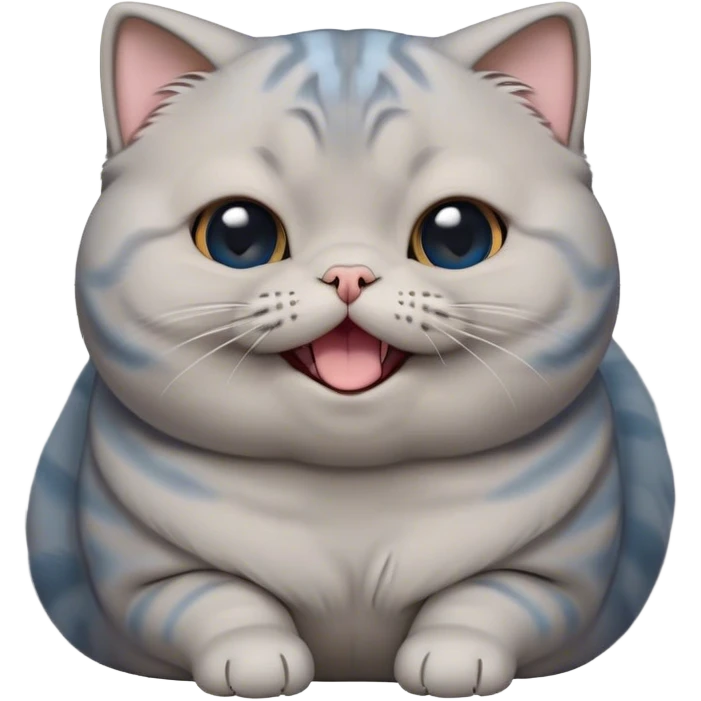 Cinematic Cute Chubby Grey Scottish Fold Cat Portrait Emoji, Head tilted playfully and yawning, round and plump body with sleek soft grey fur and subtle blue undertones, adorable folded ears, Simplified yet adorable features, highly detailed, glowing with a warm, friendly glow, high shine, curious yet calm, stylized with a touch of whimsy, bright and endearing, soft glowing outline, capturing the essence of a mischievous yet loving and lazy kitty with those signature folded ears, so cute it feels like it could stretch out of the screen and cuddle! emoji