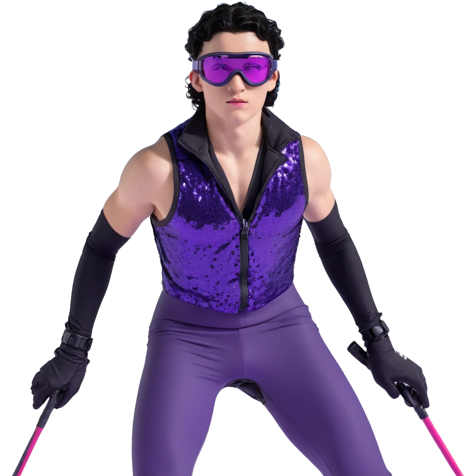 male athlete with white skin and moderately curly black hair on top with shaved sides, wearing ski goggles with purple frames and very dark black lenses, a simple plain black chain necklace, and a completely unzipped sleeveless vest with purple and black sequin fire pattern design, fully revealing his chest, shoulders and arms, no earrings emoji
