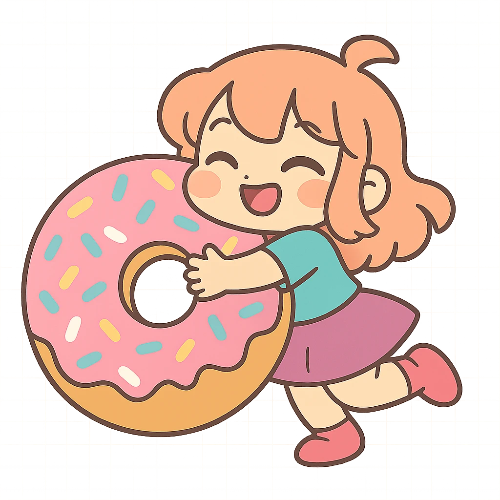 pastel-toon style chibi girl hugging giant donut with sprinkles emoji