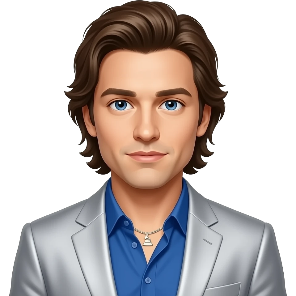 JC Chasez from NSYNC with blue eyes, long brown hair, grammy blue shirt and silver suit jacket, necklace emoji