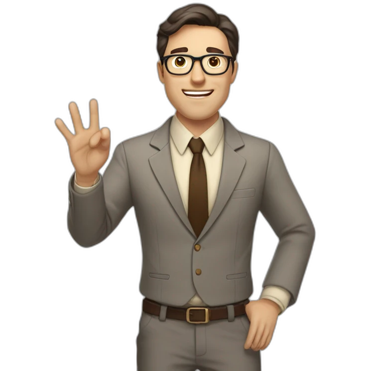 To belt Actively gesturing with hands Pale skinned fit man teacher with dark brown hair in gray jacket, beige office shirt, brown tie, brown pants and vintage glasses. emoji