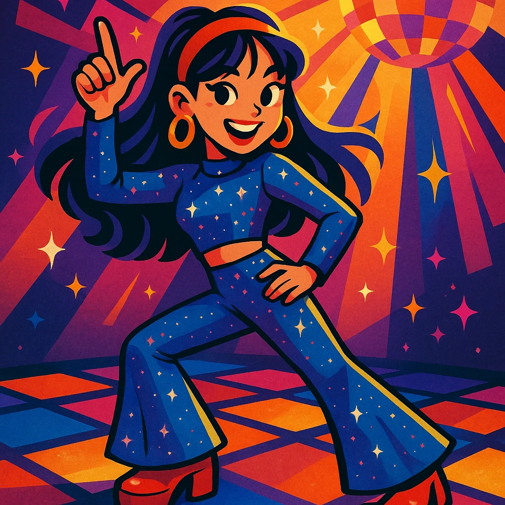K-pop girl, retro disco style, sparkly outfit, fun pose, energetic expression, vibrant toon style, colorful, dynamic lighting emoji