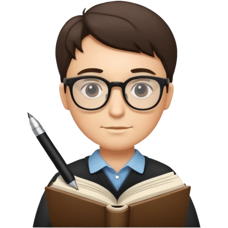writer holding big pen and book, wearing glasses emoji
