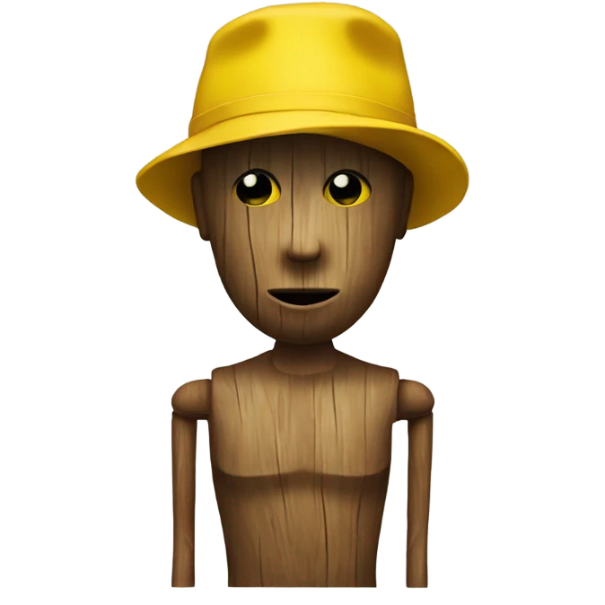 a wood mannequin with no legs and a yellow hat emoji