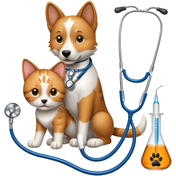 An icon featuring a stethoscope, a paw print, and a syringe, symbolizing veterinary medicine. The design includes a dog and a cat, alongside medical tools, representing animal care, diagnosis, and treatment. Transparent background highlights the science of animal health and well-being. emoji