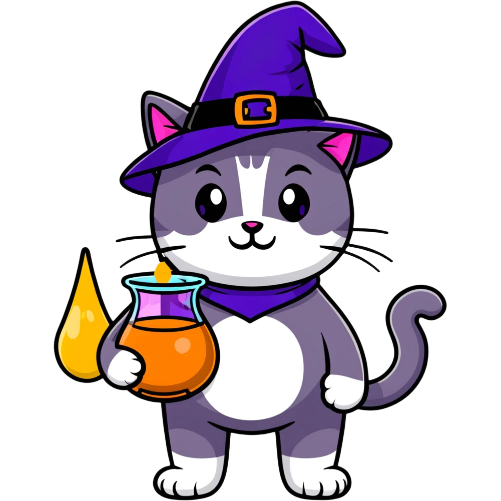 mystical cat with magic potion and witch hat emoji