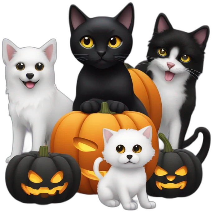 Black cat, two white dogs, an Halloween pumpkin and Elvira emoji