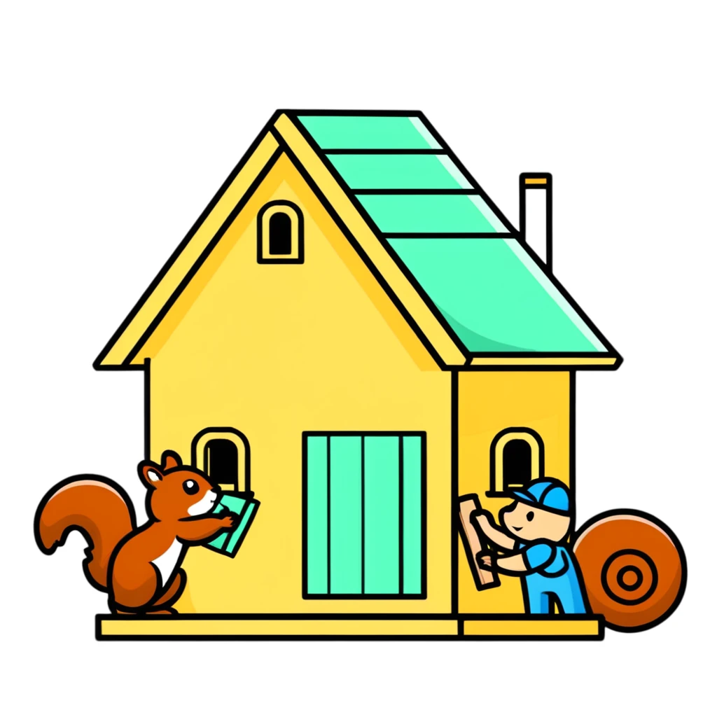 squirrel hut under construction with four workers emoji