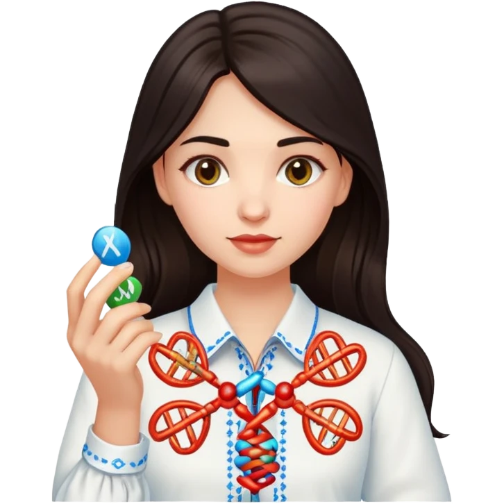 Ukrainian girl with dark hair in an embroidered traditional shirt holds a DNA molecule in her hand emoji