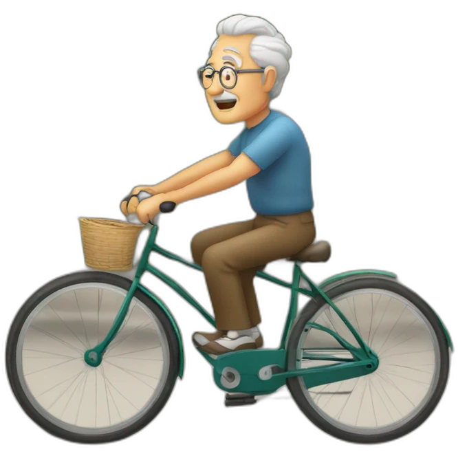 Abuelo muy gordo. sin barba. con una boina en la cabeza. pedaleando con una bicicleta antigua. con cara de cansado. emoji