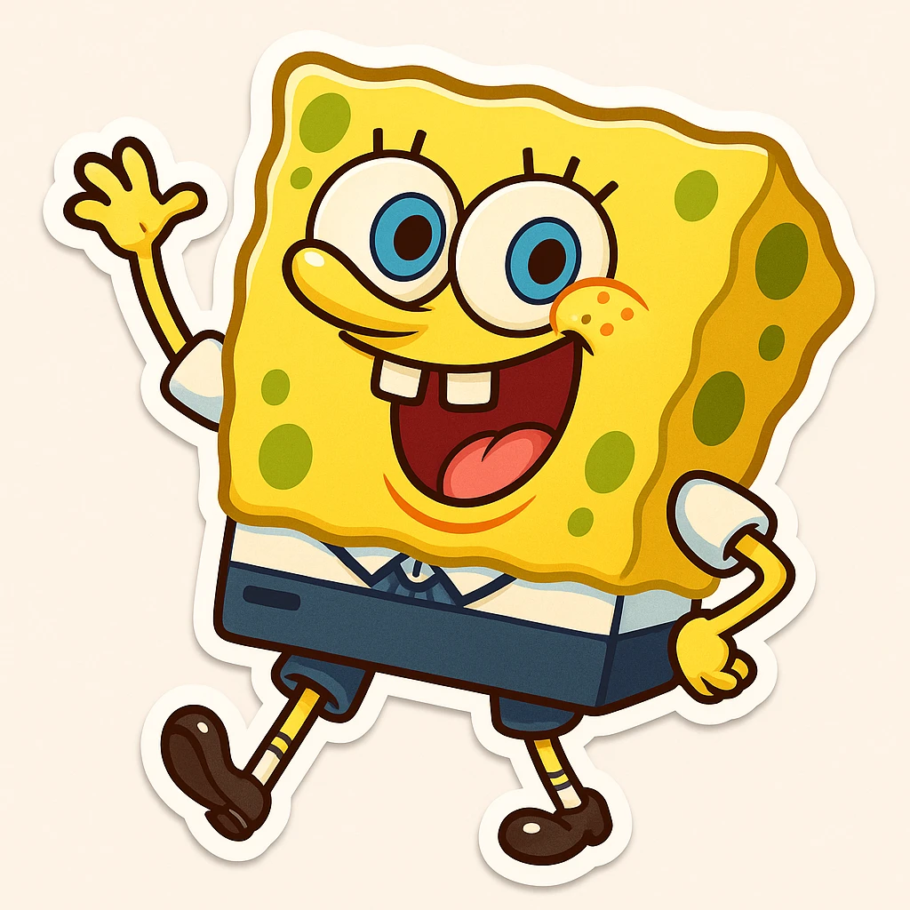 Create an emoji character inspired by Spongebob Squarepants, capturing the cheerful expression and playful pose from the reference photo. Use bright colors and a cartoon style that is playful and friendly, with a Spongebob-like vibe, suitable for chibi stickers style. emoji