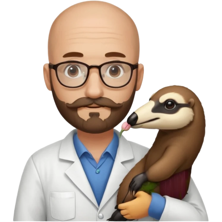 A bald veterinarian with a beard and glasses, mustache holding an the animal is "anteater" oso hormiguero  emoji