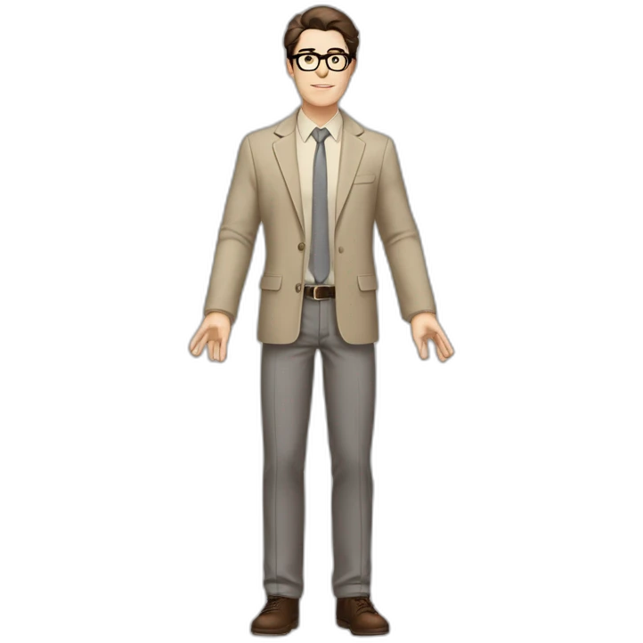 Full height Pale skinned Fit Man With dark brown hair in gray classic jacket, beige office shirt, Brown pants and vintage glasses. Thrumbs of his palms upwards emoji