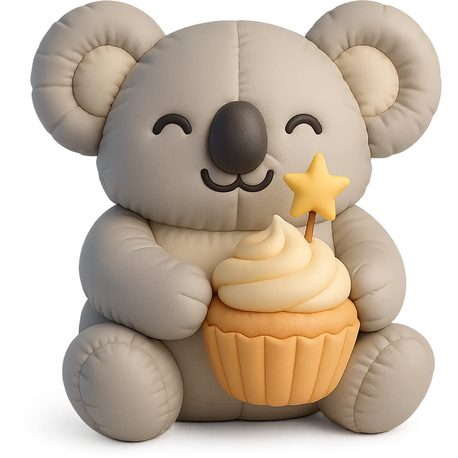 happy koala holding cupcake with 1 star candle in cushion style emoji