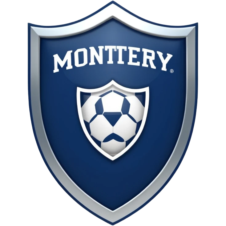 Monterey Football Club logo with thick barred shield with MY written inside and navy blue and white color emoji