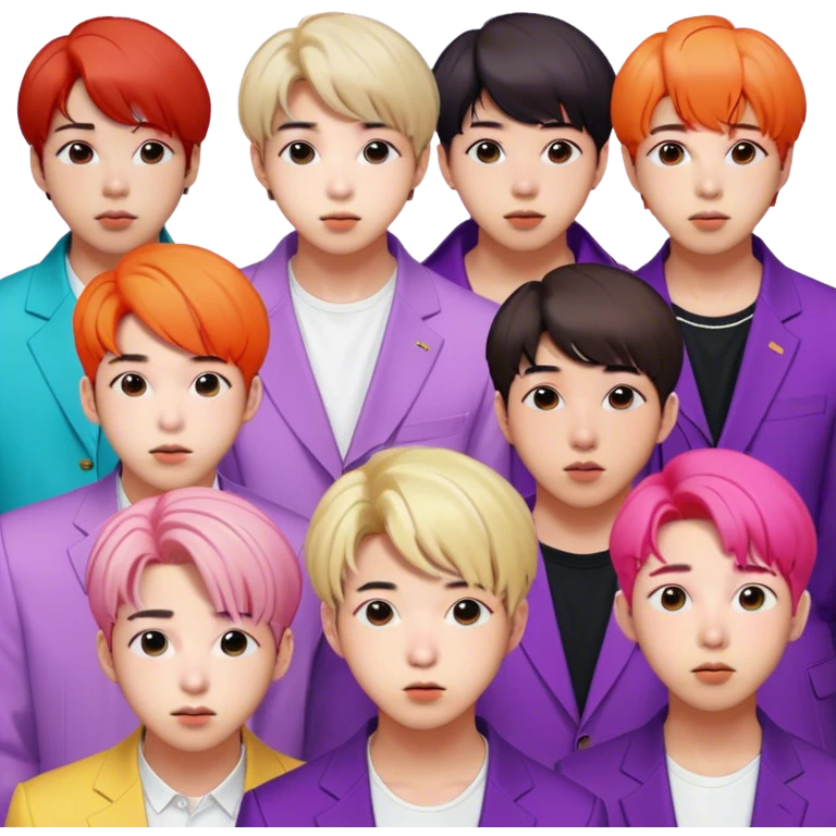 Cinematic Realistic group portrait of BTS featuring all 7 members in stylish modern attire, with detailed facial expressions and vibrant colors, captured in dynamic, contemporary lighting that emphasizes their global pop icon status emoji