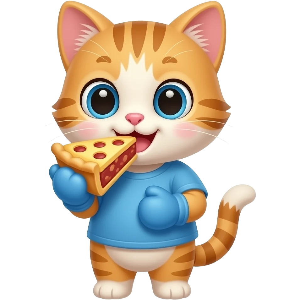 Cartoon baby kitten wearing a blue shirt wearing blue mittens eating a pie emoji