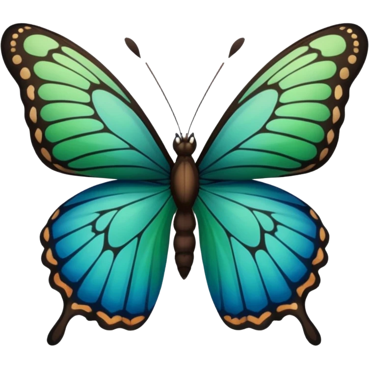 A butterfly with blue edges, green wings, and a black body, Between the wings brown  emoji