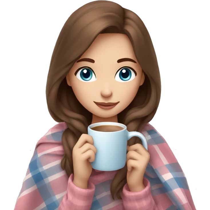 cute brown hair girl with blue eyes wrapped in pastel pink plaid blanket drinking coffee emoji