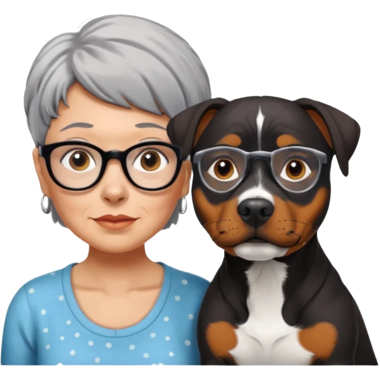 ONE Pit bull Rottweiler mix with white muzzle and spots on muzzle next to ONE older woman with really short grey hair and brown eyes emoji