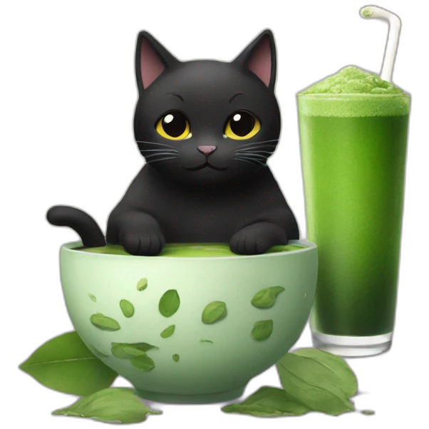 Black Cat drinks a matcha emoji