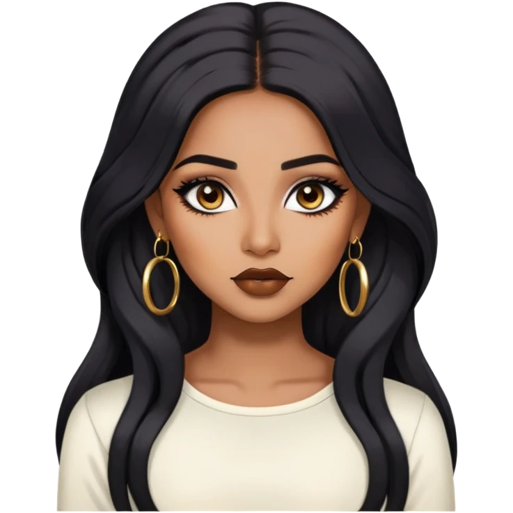 indian girl, brown skin, long black voluminous hair, brown underneath colored hair, baddie,pretty, makeup, lipliner, black eyeliner, gold hoop earrings, white top emoji