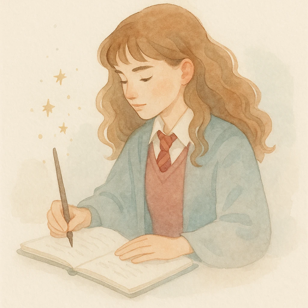 Hermione Granger writing in a notebook, watercolor illustration, soft colors, gentle lighting, magical sparkles emoji