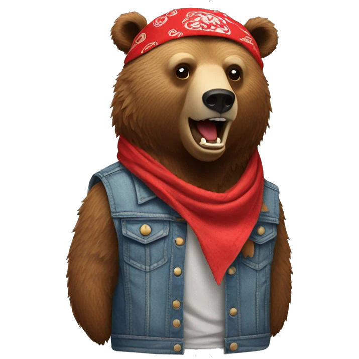 grizzly bear wearing sleeveless jean jacket and red bandana around head with open mouth emoji
