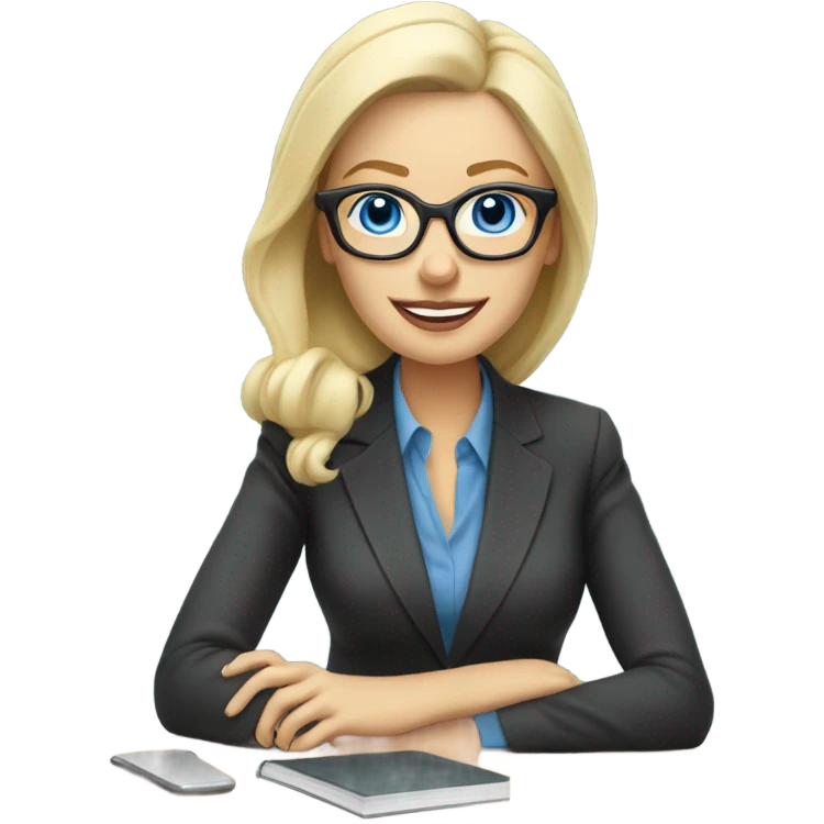 Corporate blonde boss lady with glasses happy blue eyes sitting at a desk drinking coffee  emoji