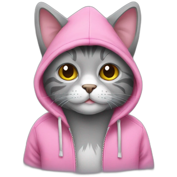 Grey plush cat with pink hoodie emoji